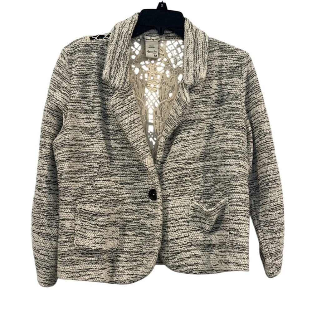 American Rag Cie Short Jacket Blazer Blue & Cream Crochet Back Detail Women’s M